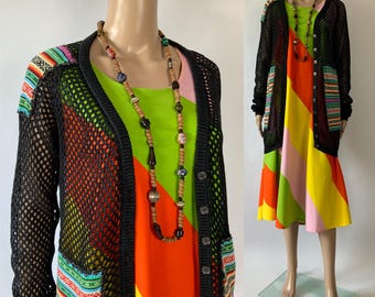 CUSTO BARCELONA Y2K Sheer Cotton Linen Fishnet Cardigan / Vintage Patchwork Festival Overlay Knit Jacket
