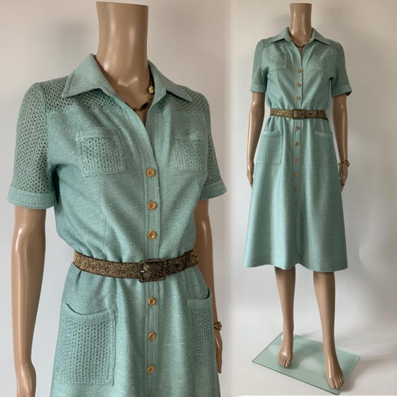 ANNE LAROYE Vintage Aqua Blue Silk Knit Dress | 1940s Wool Blend Shirtdress | Mint Green Crochet Mesh Midi Luxury Gown Frock