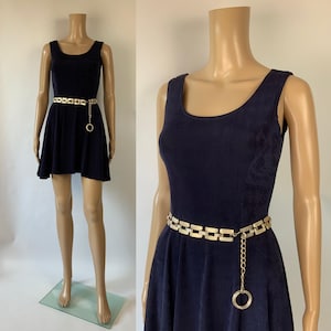 Vintage 1990&#39;s Summer Flare Dress / Stretchy Sleeveless Dress / Short Skater Dress / Deep Blue Rayon Dress / Open Back / Size S - M