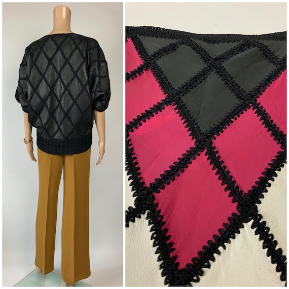 80s Leather Patchwork Oversize Blouse / Vintage B… - image 7
