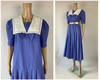 LAURA ASHLEY Sailor Collar Iconische Vintage Blauwe Nautische Jurk Jaren 80 Pofmouwen Drop Taille Maat M