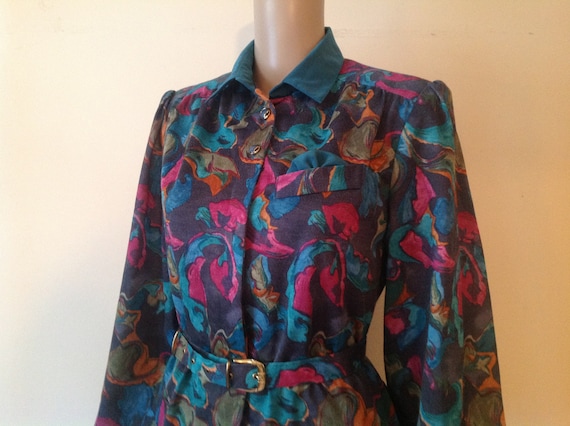 1980's Bright Abstract Print Mid Calf Button Up Bo