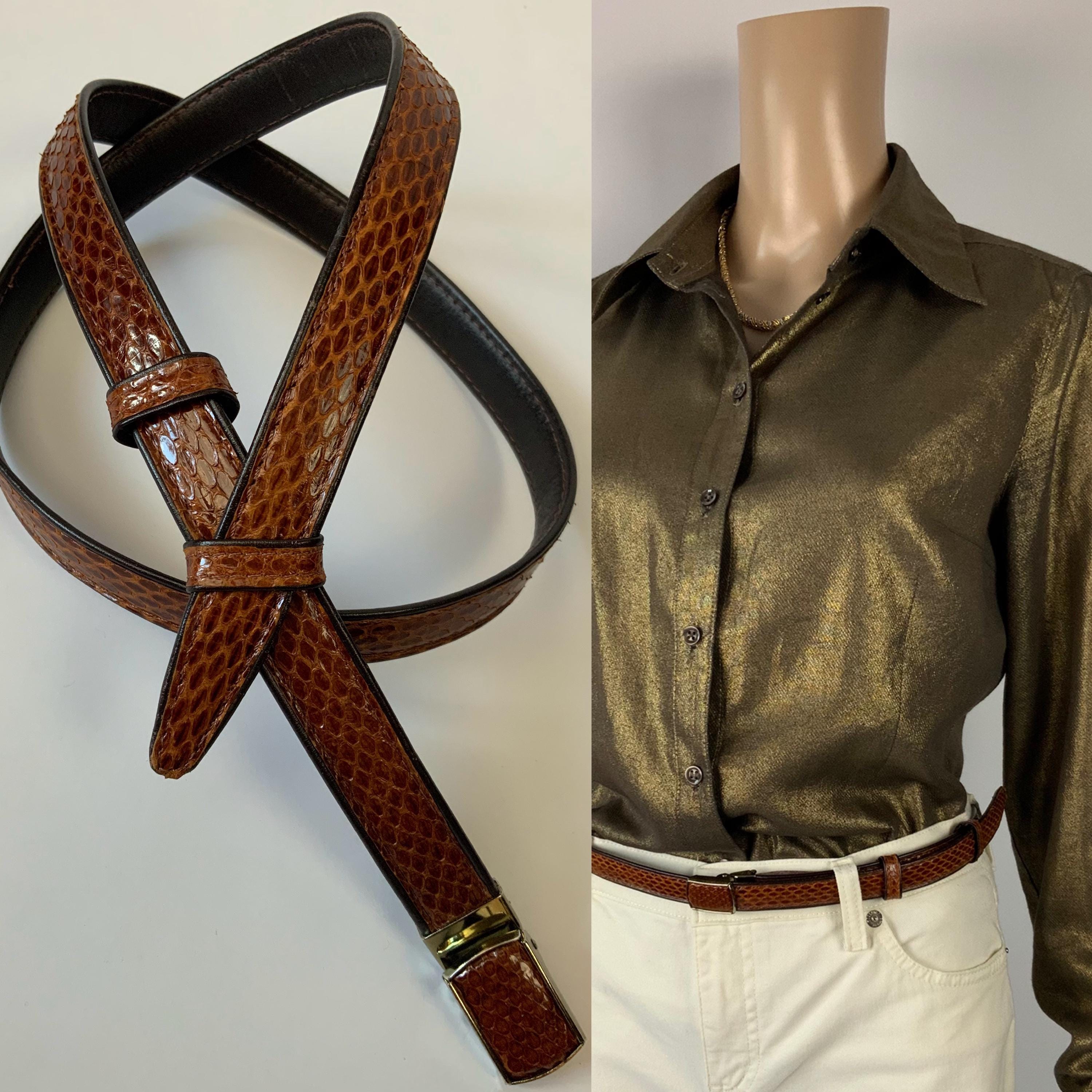 Snakeskin Skinny Vintage Belt - 1980s - Dark Brown - M/L Skinny Snakeskin Shimmery Dark Brown Patent Slim Leather  main image 3