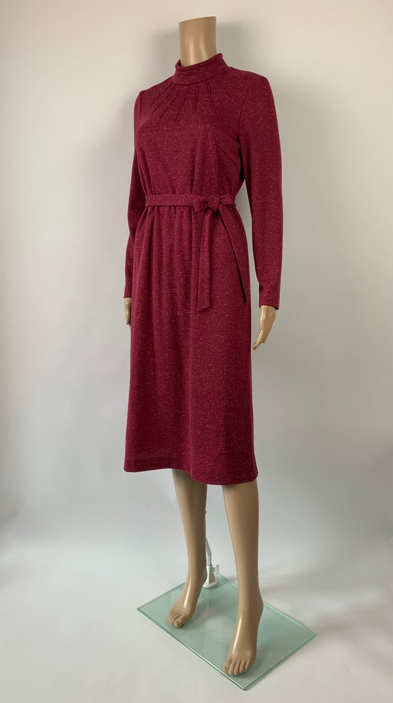 1970's High Neck Dark Pink Vintage Work Dress Woo… - image 2