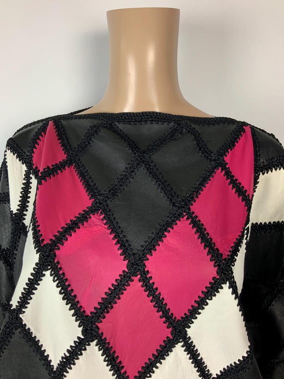 80s Leather Patchwork Oversize Blouse / Vintage B… - image 2