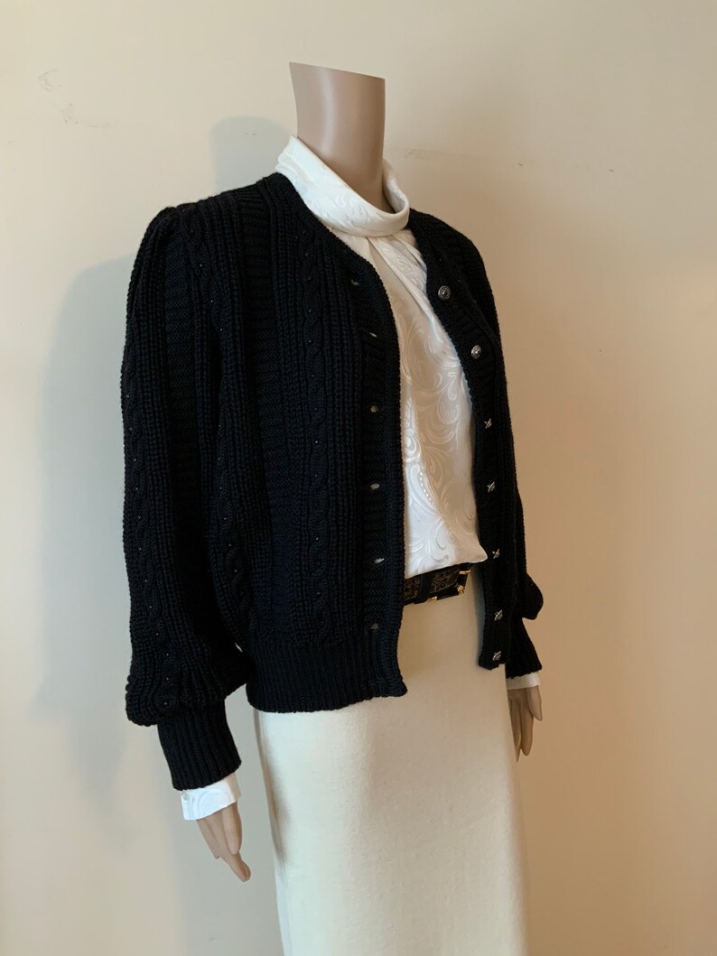 100/% Wool Dirndl Black Folk Mutton Puff Sleeve Wool Cardigan Trachten Bavarian Tyrolean Austrian Cable Knit Chunky Beaded Button Up Sweater