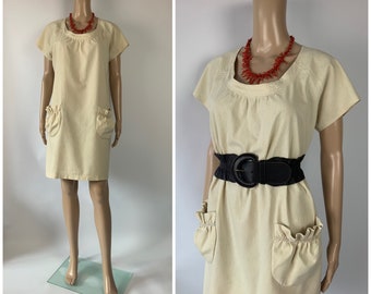 Vintage 1960's Beige Baggy Linen Dress Boho Chic Summer Size M Jacqueline Cotti Couture