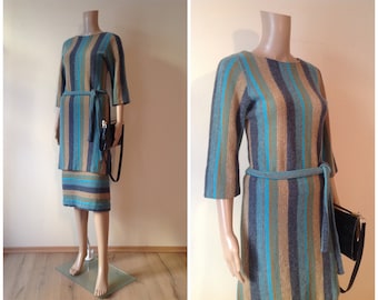 GERARD PASQUIER Vintage Matching Sweater Skirt Angora Wool Suit Set 1970's Striped Two Piece Size S - M