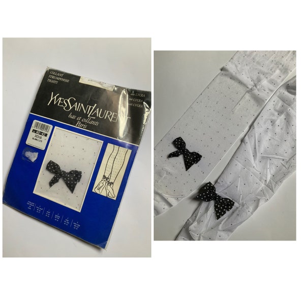 YVES SAINT LAURENT Vintage 1980's Polka Dot Ankle Bow Pantyhose White Fashion Tights Size S - M - L