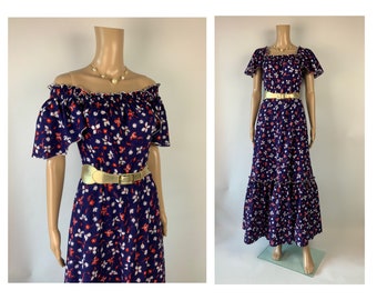 Vintage 1970's Ruffle Floral Bell Sleeve Maxi Dress Off Shoulder Floor Length Summer Gown Size M - L