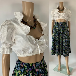 Vintage Milkmaid Cotton Crop Top / Ruffle Collar White Shirt / Puff Sleeve Dirndl Blouse / Cottage Farm Core Shirt / Size M - L