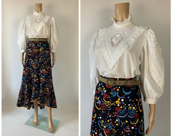 Vintage Groovy Floral Print Mermaid Ruffle Skirt 1970's Summer High Waist Maxi Size XS