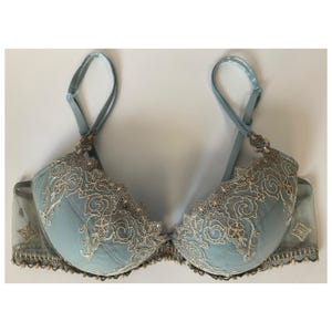LISE CHARMEL Vintage Light Blue Lace Bra / Padded Push Up Bralette / Underwire Bra / French Luxury Lingerie / Size 75 C - 80 C 34 C - 36 C