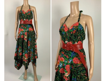 Vintage Halter Neck Floral Dress 1970's Asymmetrical Full Circle Gown Size S