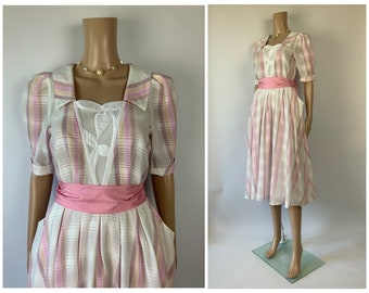 Vintage Cute Pastel Pink Plaid Dress 1990's Puff Shoulder Flare Skirt Cottagecore Size XS