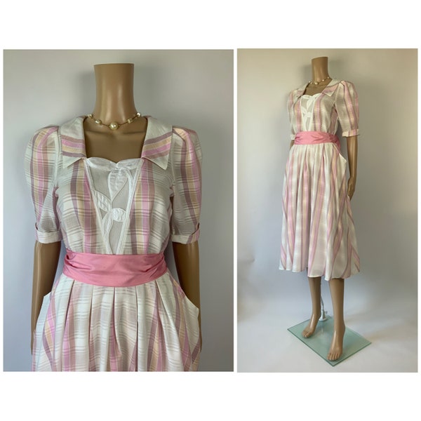 Vintage Cute Pastel Pink Plaid Dress 1990's Puff Shoulder Flare Skirt Cottagecore Size XS - S