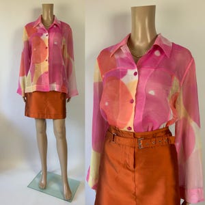 Vintage Sheer Pink Organza Blouse / See Through Viscose Shirt / Summer Rave Blouse / 90&#39;s Mesh Button Up / Size M - L