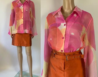 Vintage doorschijnende roze organzablouse / jaren 90 doorzichtig shirt van viscose