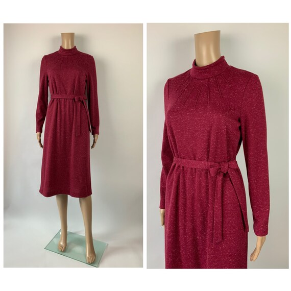 1970's High Neck Dark Pink Vintage Work Dress Woo… - image 1