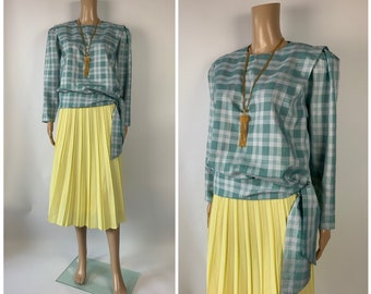 1980's Plaid Padded Shoulders Vintage Blouse Waist Tie Mint Green Shirt Size M