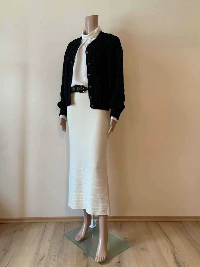 100/% Wool Dirndl Black Folk Mutton Puff Sleeve Wool Cardigan Trachten Bavarian Tyrolean Austrian Cable Knit Chunky Beaded Button Up Sweater