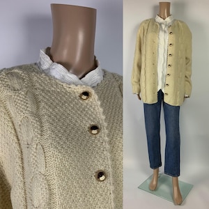 Vintage 70's Chunky Wool Grunge Cardigan / Hand Knit Fisherman Sweater / Cozy Irish Winter Knitwear / Men Style Aran Cardigan / Size L - XL