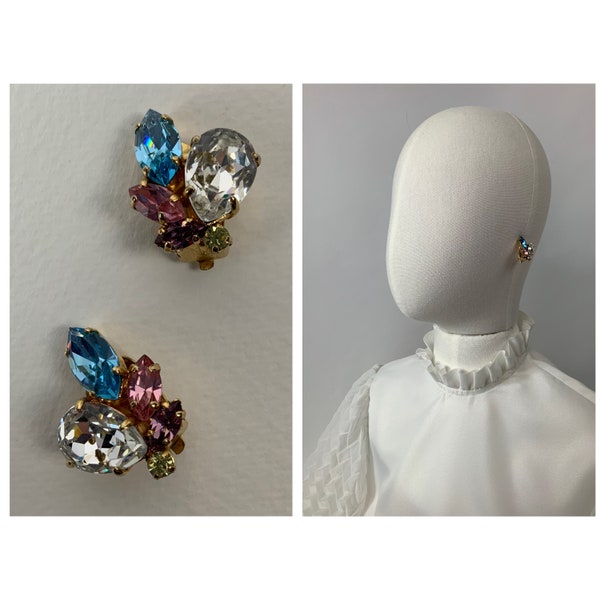 1950's Sparkly Pastel Rhinestone Strass Vintage Earrings Shiny Bridal Ear Clips
