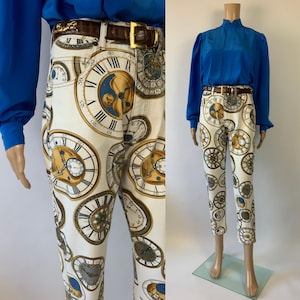 Vintage White Printed Summer Jeans / 1980's Novelty Pants / High Waist / Cropped Clock Print Denim / Size M 28 / Made in Italy