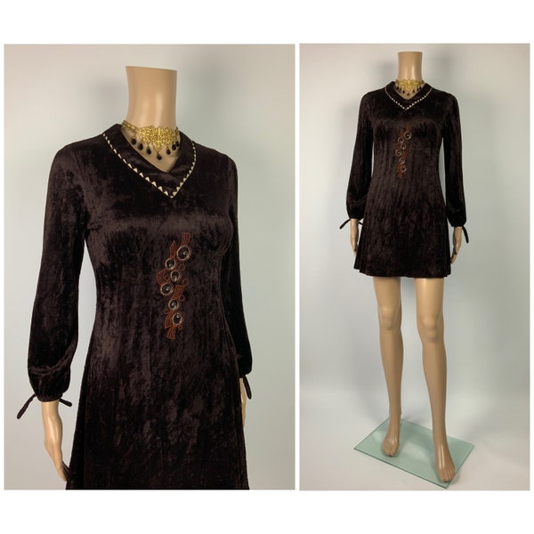 Robe pelucheuse marron chocolat vintage des années 1960 Groovy Sixties Fit Flare Velvet Mini Twiggy Go Go taille S