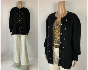 vintage Cardigan épais à boutons dorés Veste en tricot de laine noire Taille L - XL