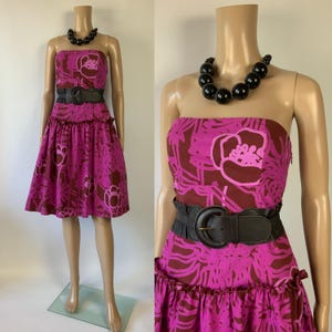 MARIMEKKO Vintage Floral Dress / Abstract Pink Dress / Strapless Summer Party Gown / Drop Waist / Cotton Dress / Size S - M