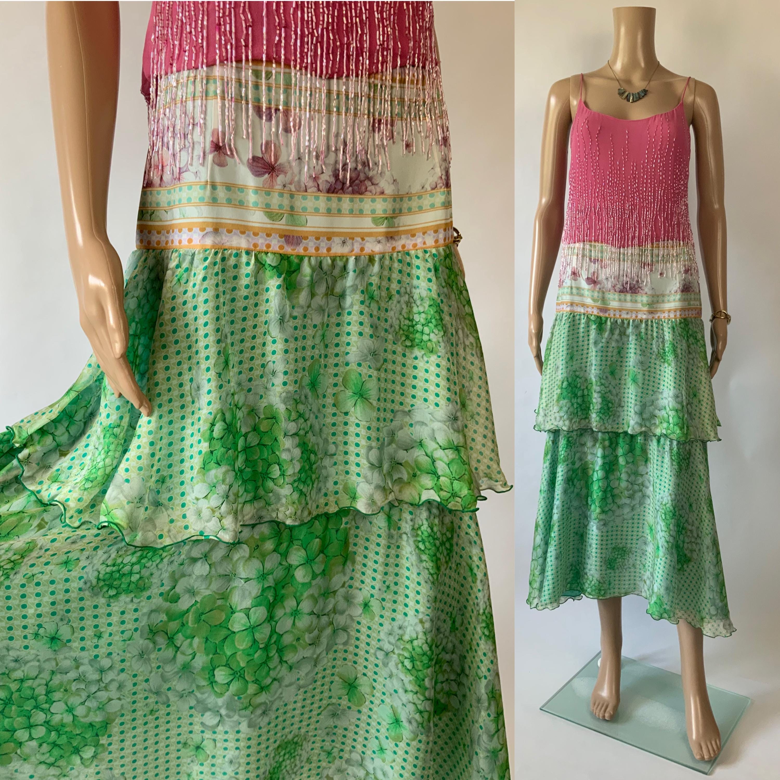 Roberto Cavalli シルク フレアスカート 42 ROBERTO CAVALLI CLASS Silk Green Hydrangea Floral Skirt | Vintage