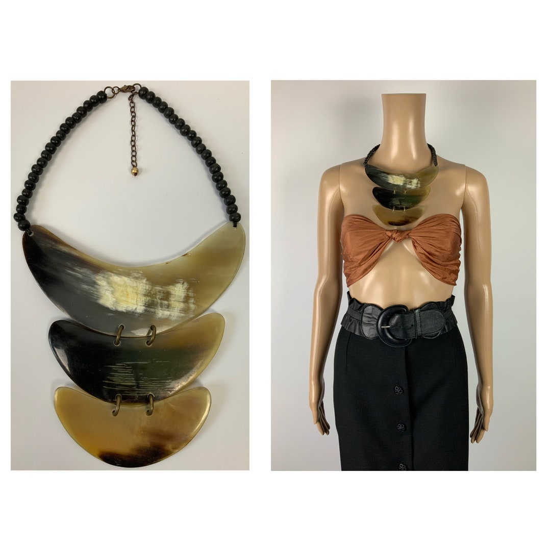 Vintage 1970's Carved Horn Statement Necklace / Art to Etsy