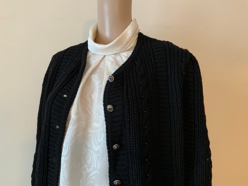 100/% Wool Dirndl Black Folk Mutton Puff Sleeve Wool Cardigan Trachten Bavarian Tyrolean Austrian Cable Knit Chunky Beaded Button Up Sweater