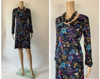 1960's Stretchy Long Sleeve Vintage Floral Dress Sixties Retro Size S