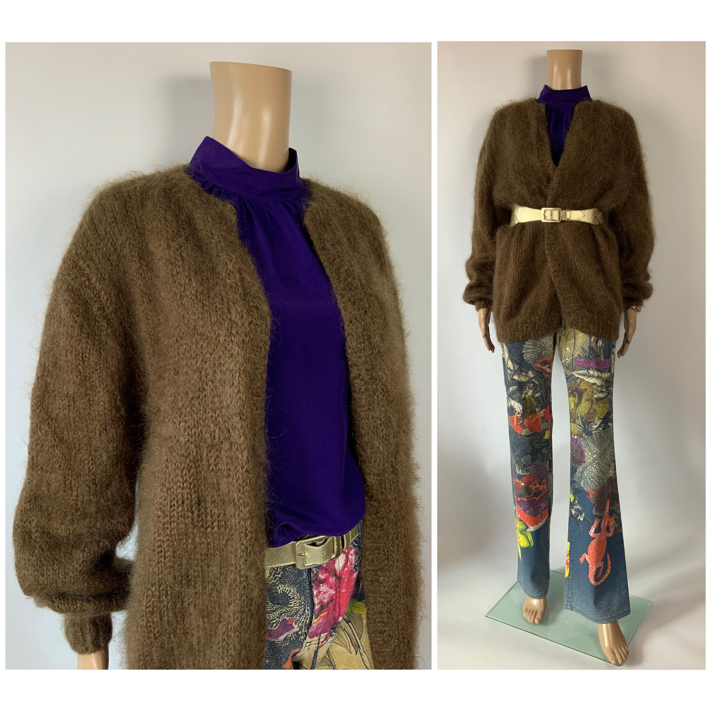 80s Vintage Shabby Chic Mohair Cardigan / Fuzzy Brown Wool Sweater