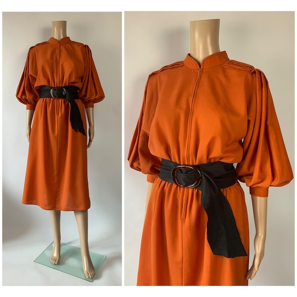 VUOKKO Balloon Sleeve Vintage Dress 100% Pure New Wool Pumpkin Orange Batwing Size XS - S - M