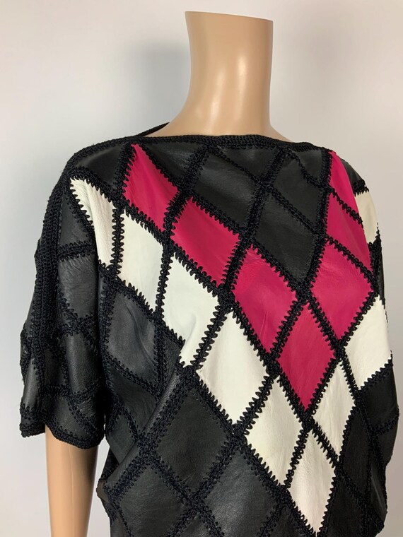 80s Leather Patchwork Oversize Blouse / Vintage B… - image 5