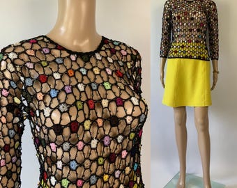 Camicetta in maglia all'uncinetto multicolore con perline stile Y2K / Maglione vintage trasparente in pizzo a rete da festival