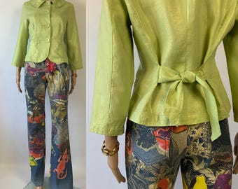 Giacca estiva verde vintage 100% lino / Camicetta con grazioso colletto Peter Pan stile anni 2000