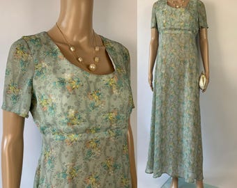 60s Empire Waist Sheer Bias Cut Dress / Vintage Ditsy Floral Bridgerton Gown