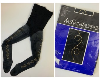 YVES SAINT LAURENT 1980er Jahre verzierte transparente Strumpfhose Vintage schwarze verzierte Strumpfhose Größe S - M