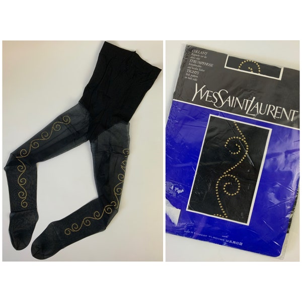 YVES SAINT LAURENT 1980's Decorated Sheer Tights Vintage Black Ornamented Pantyhose Size S - M