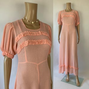 Vintage 1930&#39;s Pink Semi Seer Maxi Dress / Bias Cut Dress / Puff Sleeve Summer Dress / Floor Length Gown / Wounded Bird / Size S