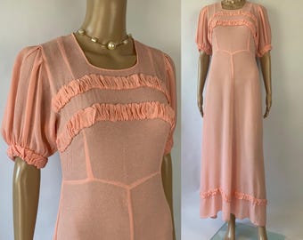 1930s Pink Semi Seer Bias Cut Maxi Dress | Vintage Puff Sleeve Floor Length Gown / Wounded Bird