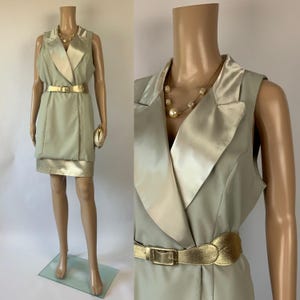 JOSEPH RIBKOFF jaren 80 vintage mouwloze jurk / strakke smokingjurk / mintgroene vestjurk / elegante lange gilet / maat L