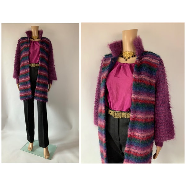 1970's Fuzzy Bishop Sleeve Vintage Cardigan Striped Purple Mohair Sweater Size S - M