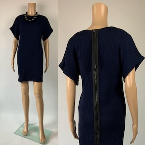Navy Blue Textured Viscose Dress / Back Zipper Dress / Smart Casual Mini Dress / Stretchy Short Sleeve Dress /Size S /Preloved Vintage MANGO