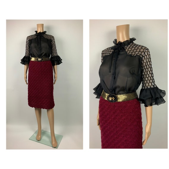 1960's Burgundy Red Crochet Skirt Sixties Preppy … - image 1