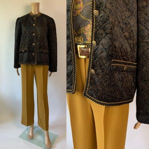 Vintage Velvet Quilted Jacket / 1980&#39;s Black Golden Blazer / Paisley Print Short Coat / Baroque Style / Size M - L /  Made in France